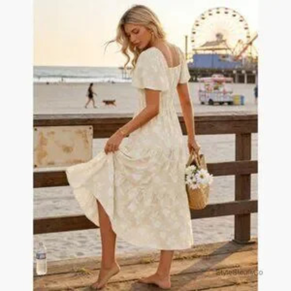 Summer Floral Midi Dress Short Sleeve Square Neck Boho Beach Vacation - Picture 3 of 5